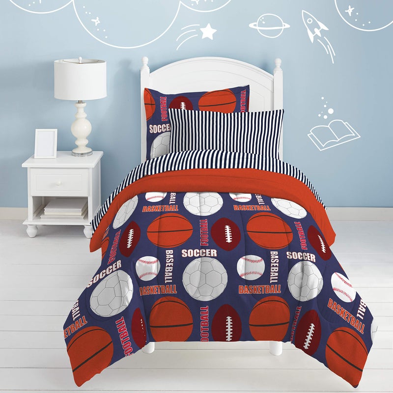 dream FACTORY Kids 7-Piece Complete Set Easy-Wash Super Soft Microfiber Comforter Bedding, Full, Navy All Sports - Image 2